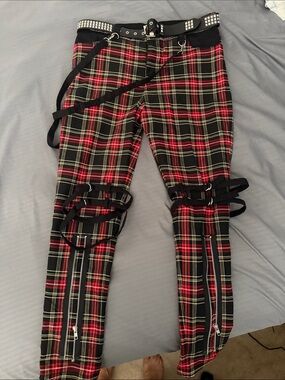 Hell Bunny Red and Black Tartan Skinny plaid Pants with Studded Belt